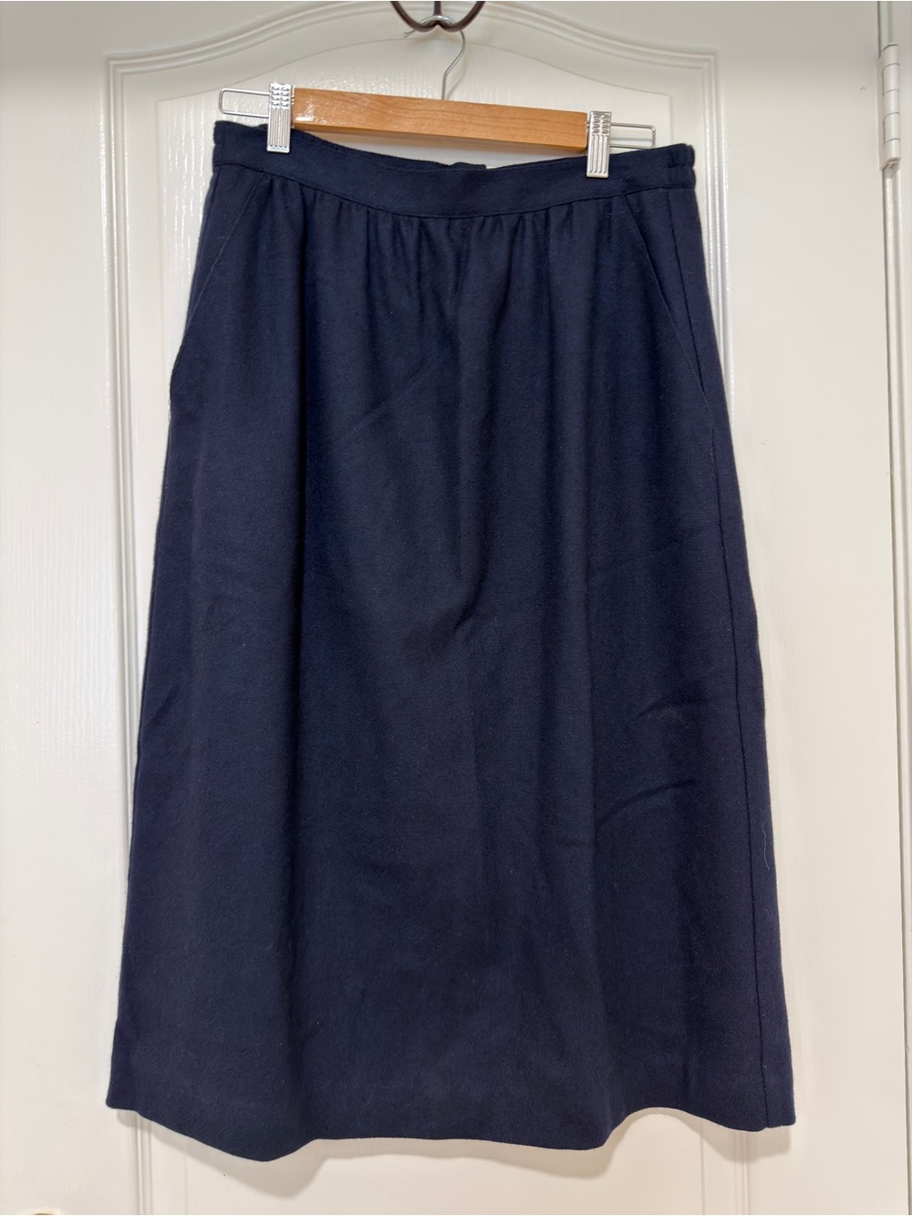 Vintage Joan Leslie Navy Blue Wool Blend A-Line Midi Skirt Women's Size 12